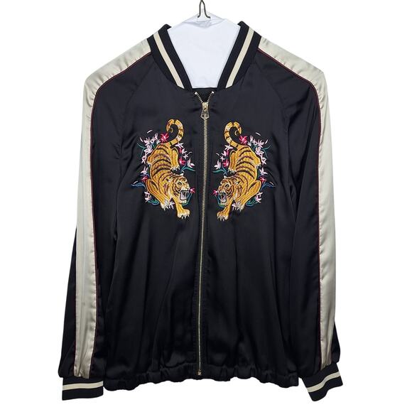H&M Satin Souvenir Bomber Jacket 6 Embroidered Tiger Floral Chinoiserie Tumblr - Picture 1 of 8